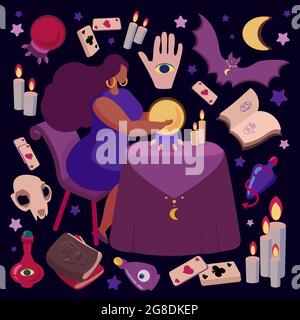 Une illustration mystique démontrant le récit d'une fortune. Fortuneteller prévoit l'avenir. Attributs de l'occultisme : boule de cristal, chauve-souris, livres magiques, cartes de prédiction, bougies, crâne, bouteilles avec potions et yeux, étoiles. Vecteur isolé sur fond blanc. Illustration de Vecteur