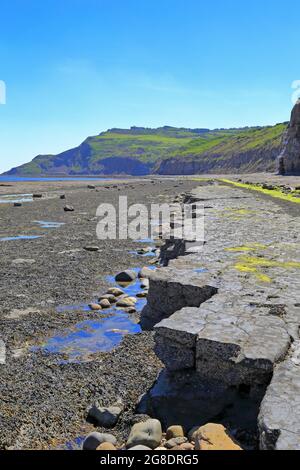 Plate-forme de coupe en vagues vers le promontoire de Ravenscar à Robin Hoods Bay, North Yworks National Park, North Yorkshire, Angleterre, Royaume-Uni. Banque D'Images