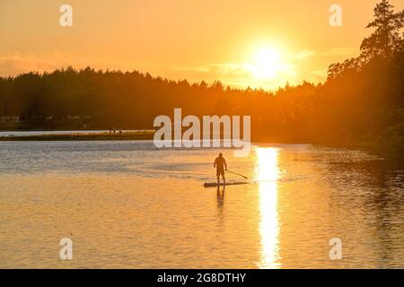 Paddleboarder au coucher du soleil, Pipers Lagoon Park, Nanaimo (Colombie-Britannique), Canada Banque D'Images