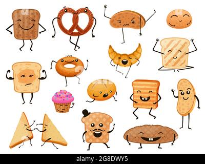 Personnages de pain. Produits de boulangerie amusants, pains, toasts et pâtisseries. Croissant et muffin pour le petit déjeuner avec adorable ensemble de visages vectoriels Illustration de Vecteur
