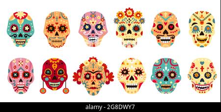 Dia de Los Muertos crâne. Le jour mexicain des morts décoratif homme et femme crânes de sucre avec fleur. Mexique vacances squelette visage vecteur ensemble Illustration de Vecteur