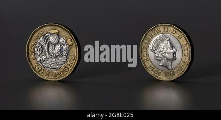 Photo macro britannique d'une livre. La pièce de monnaie résiste aux signes de circulation, à l'état usé. Isolé sur fond gris. Banque D'Images