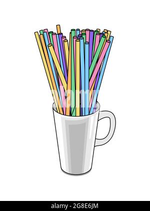 Pailles à boire multicolores dans une tasse isolée sur fond blanc. Illustration vectorielle pour les affiches et l'impression Illustration de Vecteur