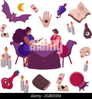 Une illustration mystique démontrant le récit d'une fortune. Fortuneteller prévoit l'avenir. Attributs de l'occultisme : boule de cristal, chauve-souris, livres magiques, cartes de prédiction, bougies, crâne, bouteilles avec potions et yeux, étoiles. Vecteur isolé sur fond blanc Illustration de Vecteur