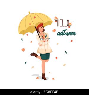 Fille dans un manteau et un béret rouge se tient sous un parapluie jaune, la femme heureuse apprécie une promenade d'automne, illustration vectorielle dans le style de dessin animé. Lettrage Illustration de Vecteur