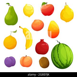 Caricature de fruits mûrs, récolte de fruits frais de ferme biologique. Poire brute vectorielle, citron et pomme, coing mûr, orange et mangue, pamplemousse, banane et grenat, panache Illustration de Vecteur