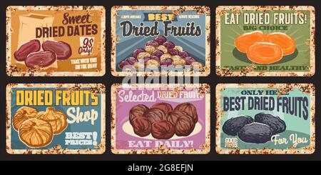 Fruits secs plaques rouillées vintage. Dattes vectorielles, raisins secs et abricots secs, figues, pruneaux. Alimentation saine, magasin de fruits secs ou marché de produits biologiques Illustration de Vecteur