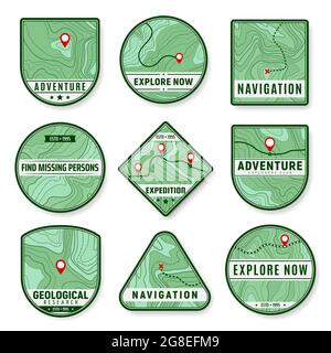 Icônes topographiques. Icônes de vecteur d'expédition, d'exploration de la région et de recherche géologique. Épinglette ou marque de navigation, destination de voyage, expédition ou voyage Illustration de Vecteur