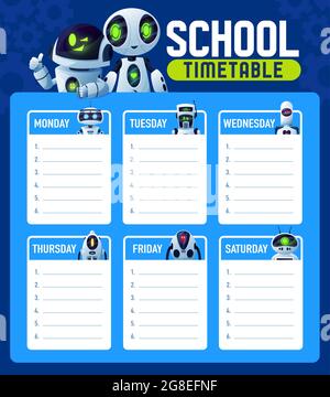 Calendrier horaire avec robots, planning des leçons de la semaine scolaire, fond vectoriel. Calendrier de l'école avec les droïdes de chatbot, caricature cyber ai étrangers Illustration de Vecteur