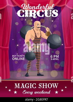 Affiche de cirque de Shapito, personnage de vecteur de strongman sur la grande scène. Prospectus de performance du spectacle magique avec des tours d'artiste avec barbell, moi Illustration de Vecteur