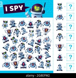 J'espionne le jeu avec des robots et des droïdes ou des bots, vector dessin animé trouver et match jeu de plateau. Jeu de table d'enfants puzzle ou devine énigme, j'espionne ou trouve similaire Illustration de Vecteur