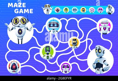 Labyrinthe de labyrinthe de jeu, les enfants riddle avec des robots de vecteur de dessin animé. Trouvez le bon moyen de l'éducation puzzle, le test d'attention ou de quiz, modèle de jeu de société avec carte, ro Illustration de Vecteur