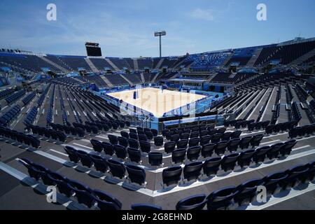 Places vides au Beach Volleyball avant les Jeux Olympiques de Tokyo en 2020 au Japon. Date de la photo: Mardi 20 juillet 2021. Banque D'Images