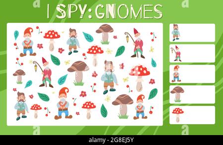 J'espionne le jeu. Divertissement éducatif pour les enfants. Comptez le nombre de gnomes. Plat de champignons dessinés à la main, de fraises, de leprechaun et de fleurs. Modèle de fée vectorielle pour Illustration de Vecteur