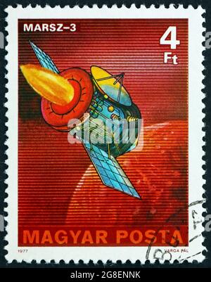 HONGRIE - VERS 1977: Un timbre imprimé en Hongrie montre Mars 3 vaisseau spatial, Space Explorations, vers 1977 Banque D'Images
