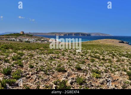 MELLIEHA, MALTE - 21 septembre 2015 : le littoral nord de Malte avec ciel bleu et mer avec végétation côtière verte Banque D'Images