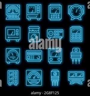Icônes de régulateur de tension définies. Ensemble de contours des icônes vectorielles du régulateur de tension couleur néon sur noir Illustration de Vecteur