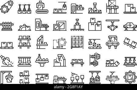 Les icônes de production série définissent le vecteur de contour. Lot industriel. Machines de masse Illustration de Vecteur