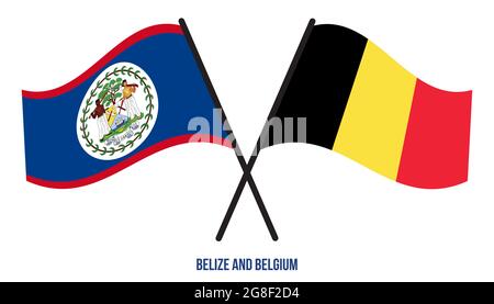 Belize et Belgique drapeaux croisés et ondulant style plat. Proportion officielle. Corriger les couleurs. Illustration de Vecteur