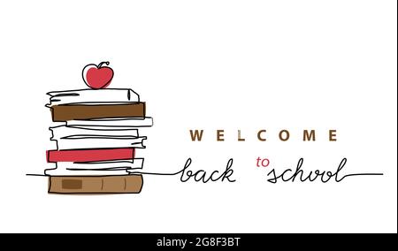 Pile de livres avec pomme sur le dessus. Retour à l'école minimaliste vecteur web bannière, poster, fond. Illustration d'une ligne continue de Illustration de Vecteur
