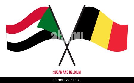 Soudan et Belgique drapeaux croisés et ondulant le style plat. Proportion officielle. Corriger les couleurs. Illustration de Vecteur