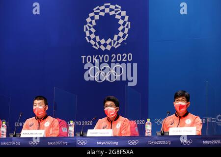 Tokyo, Japon. 20 juillet 2021. (G-D) Kohei Nakajima, Tsuyoshi Fukui, Mitsugi Ogata (JPN), 20 JUILLET 2021 : Conférence de presse de la délégation japonaise avant les Jeux Olympiques de Tokyo 2020 au Centre de presse principal de Tokyo, Japon. Crédit: Naoki Nishimura/AFLO SPORT/Alay Live News Banque D'Images