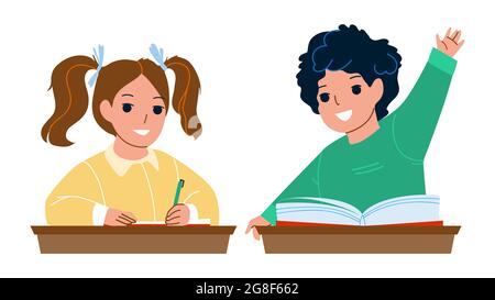 Élèves garçons et filles étudiant au bureau d'école Vector Illustration de Vecteur