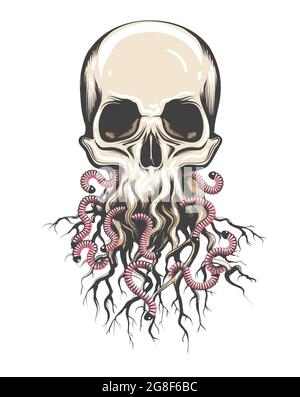 Tatouage de crâne humain avec racines et vers isolés sur blanc. Tatouage vectoriel. Illustration de Vecteur