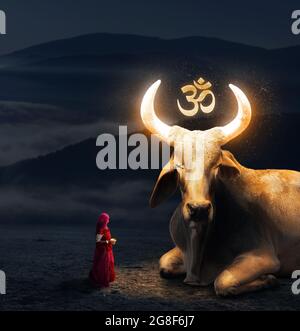 Femme en rouge sari adore le grand Saint-vache avec des cornes lumineuses et le symbole Om au Rajasthan, en Inde Banque D'Images