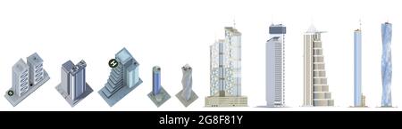 Ensemble de bâtiments de haute technologie aux détails fins avec conception fictive et réflexion de ciel nuageux - isolé, vue de dessus 3d illustration de l'architecture Banque D'Images