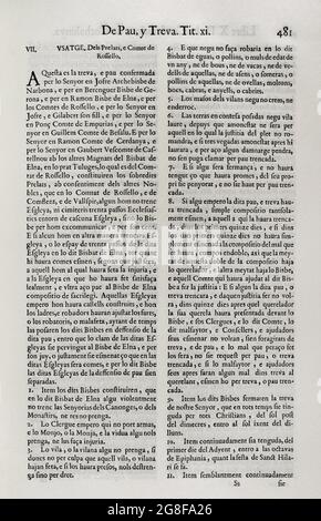 Constituciones y otros Derechos de Cataluña (Constitutions et autres droits de la Catalogne), compilé des Cortes du roi Philippe IV Premier volume. Imprimé dans la Maison de Joan Pau Marti et de Joseph Llopis Estampers, 1704. Troisième livre. Sur les Constitutions de Catalogne. Sur Pau i Treva (paix et Trêve). Titre XI Usatge, sur les Prelats et le Comte de Roussillon. Bibliothèque militaire historique de Barcelone, Catalogne, Espagne. Banque D'Images