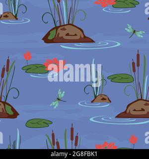 Motif vectoriel sans couture avec fleurs de lotus et libellules sur fond bleu. Magnifique papier peint de lac calme. Tissu tendance Zen. Illustration de Vecteur