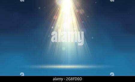 Spot doré. Fond bleu avec brouillard, scène fumée. Faisceaux dorés de spot, bokeh, particules scintillantes, spot de lumière. Toile de fond Illustration de Vecteur