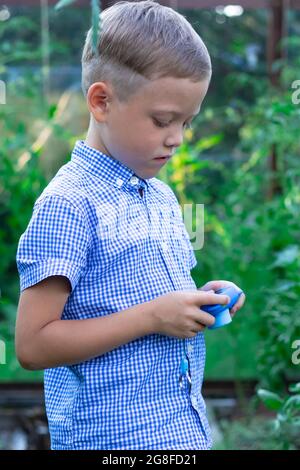 Un adorable garçon d'âge préscolaire avec une coupe nette de cheveux dans une chemise bleue prend des photos de plantes vertes dans une serre lors d'une chaude journée d'été. Mise au point sélective. PORTRA Banque D'Images