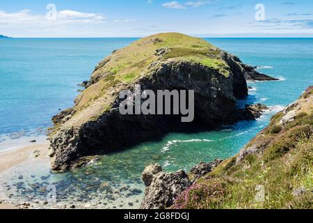 Vue panoramique sur l'île de Ynys y Fydlyn près de Carmel Head depuis le sentier côtier. Île d'Anglesey, nord du pays de Galles, Royaume-Uni, Grande-Bretagne Banque D'Images