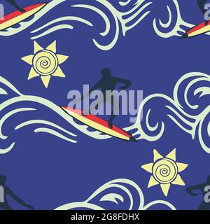 Motif vectoriel sans couture avec surfeur sur fond bleu foncé. Papier peint style sport simple. Textile de mode de vacances d'été. Illustration de Vecteur