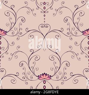 Motif vectoriel sans couture avec fleurs de lotus roses et lignes courbes sur fond violet. Papier peint romantique à motif fleuri et calme. Illustration de Vecteur