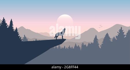 le loup hurle à la pleine lune dans la forêt sur le paysage de montagne Illustration de Vecteur