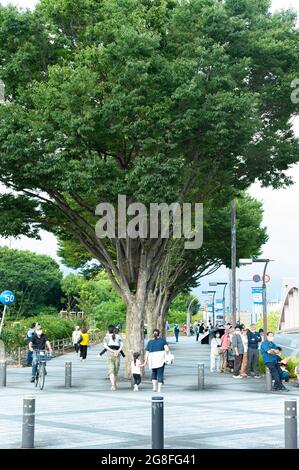 Fuji City, Shizuoka-Ken, Japon - 24 juin 2021 : Relais de la flamme olympique de Tokyo 2020 à Fuji City. Plusieurs personnes portant un masque attendent sur le trottoir. Banque D'Images