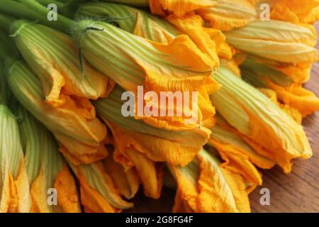 fleurs de courgettes sur fond rustique foncé Banque D'Images