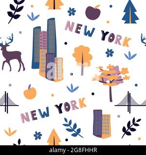 Collection USA. Illustration vectorielle du thème de New York. Symboles d'état - répétition transparente Illustration de Vecteur