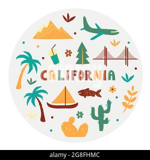 Collection USA. Illustration vectorielle de la Californie. Symboles d'état - forme arrondie Illustration de Vecteur