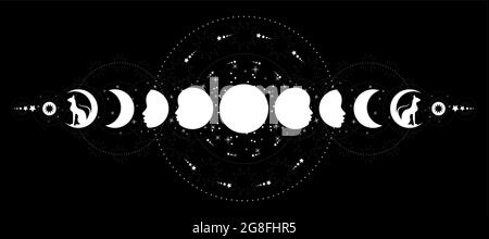 Phases de la lune. Triple lune et chats noirs, symbole de la déesse païenne Wiccan, pleine lune, waning, cirage, premier quart, gibbous, croissant, troisième quart Illustration de Vecteur