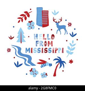 Carte illustrée de l'état du Mississippi aux États-Unis avec des symboles d'état. Bonjour de - carte. Illustration vectorielle modifiable Illustration de Vecteur