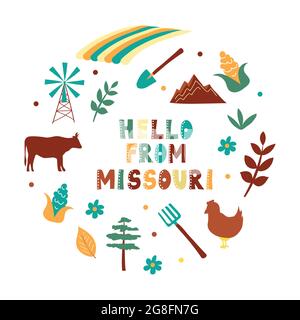 Carte illustrée de l'état du Missouri aux États-Unis avec symboles d'état. Bonjour de - carte. Illustration vectorielle modifiable Illustration de Vecteur