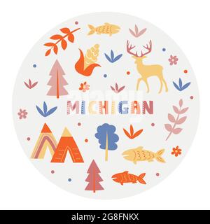 Collection USA. Illustration vectorielle du Michigan. Symboles d'état - forme arrondie Illustration de Vecteur