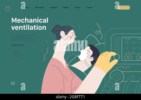 Modèle de page Web d'assurance médicale - ventilation mécanique - vecteur plat moderne concept d'illustration numérique - équipement de machine médicale de ventilateur pour Illustration de Vecteur