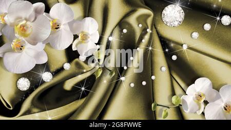 papier peint 3d, orchidées et strass sur fond de soie vert foncé Banque D'Images