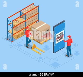 Système de gestion d'entrepôt intelligent isométrique. Concept de gestion logistique automatique. Les colis sont transportés dans des paramètres de haute technologie, en ligne Illustration de Vecteur