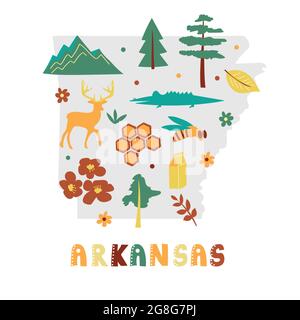 Collection de cartes des États-Unis. Symboles d'état et nature sur la silhouette grise de l'état - Arkansas. Style de dessin animé simple pour l'impression Illustration de Vecteur